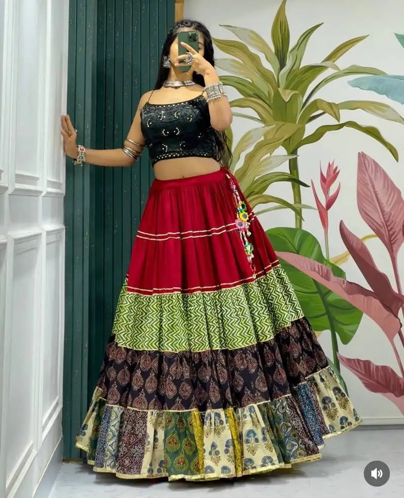 Multicolor embroidered pure cotton full stitched with flared lehenga choli