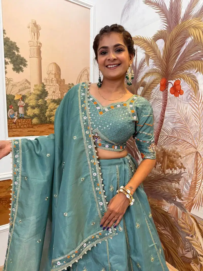 Sky blue embroidered shimmer full stitched with flared lehenga choli