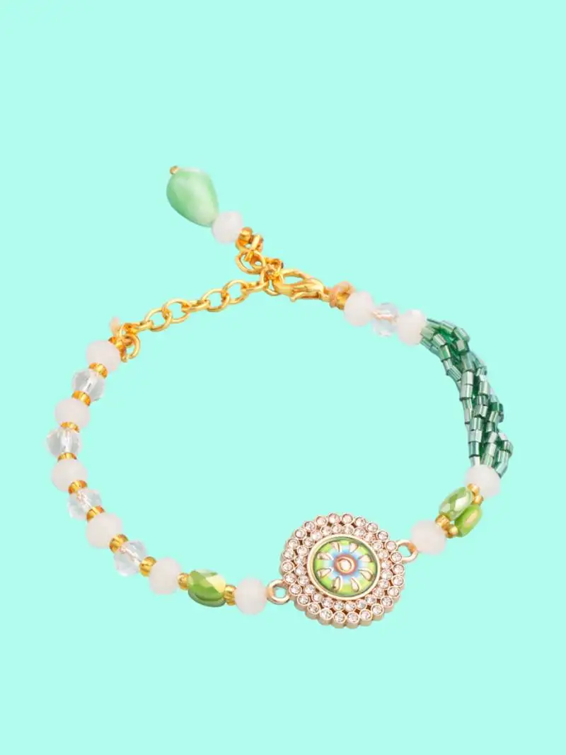 green artificial stones & beads floral wraparound bracelet