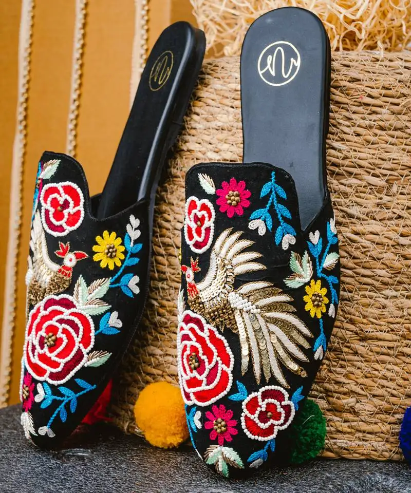 Black embroidered leather mules