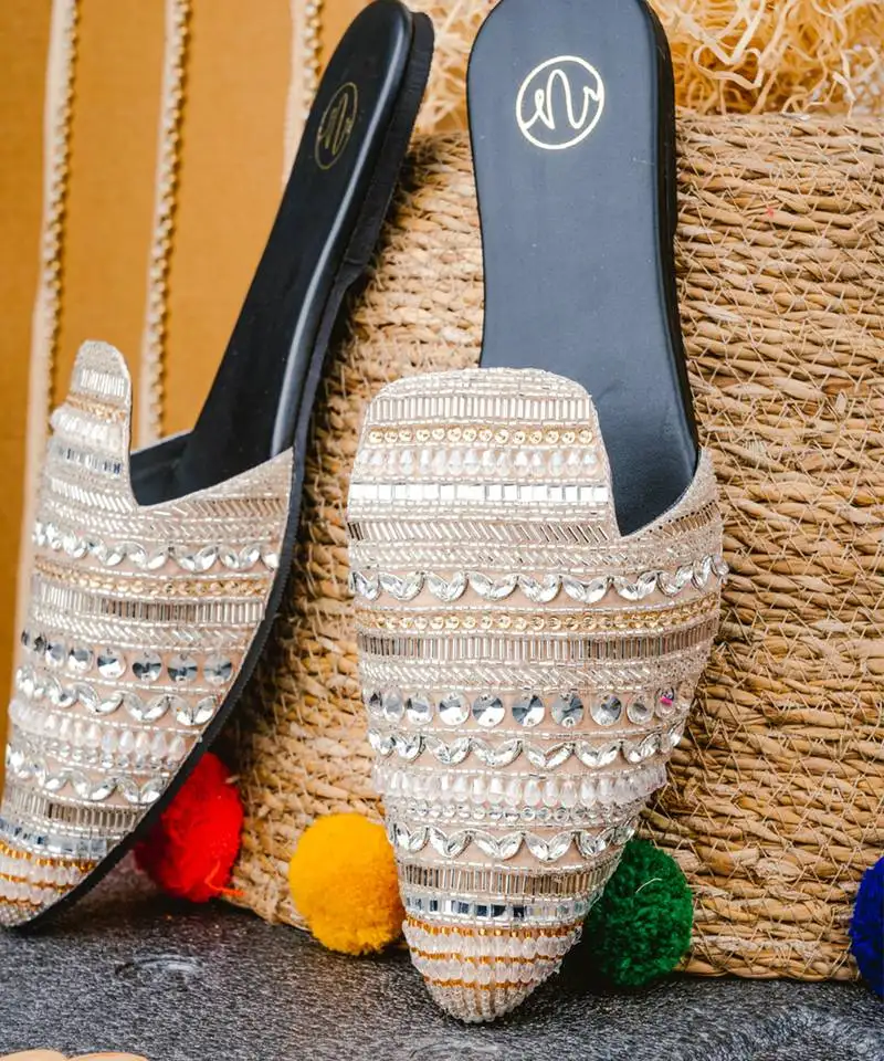 Gold embroidered leather mules