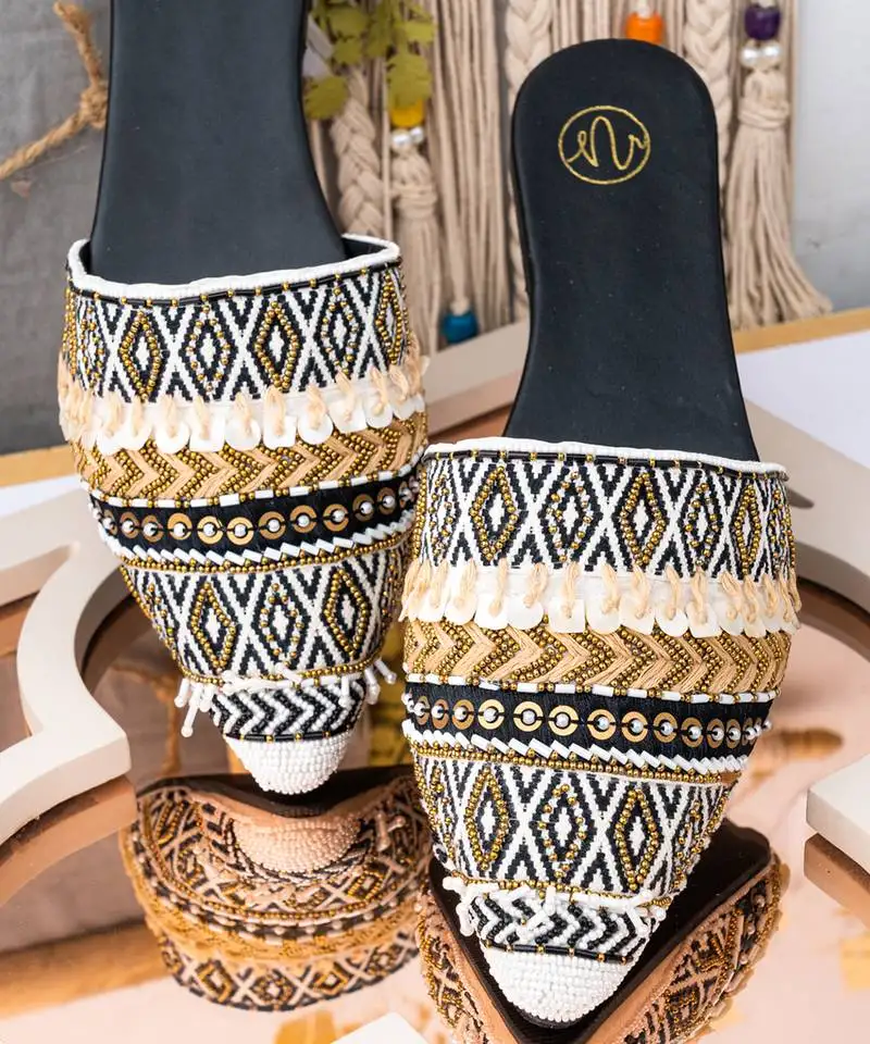 Blue embroidered leather mules