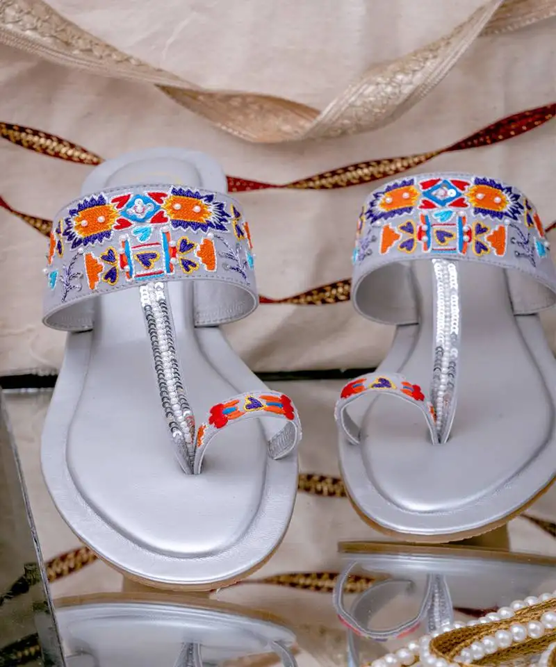 Blue embroidered leather kolhapuris