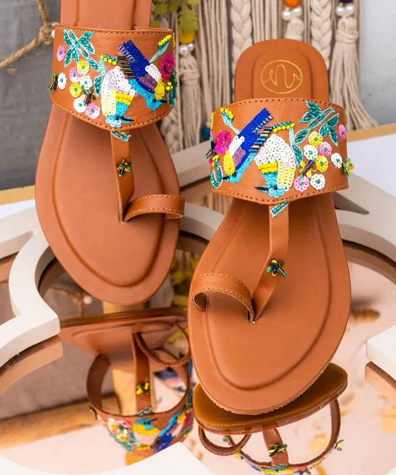 Brown embroidered leather kolhapuris