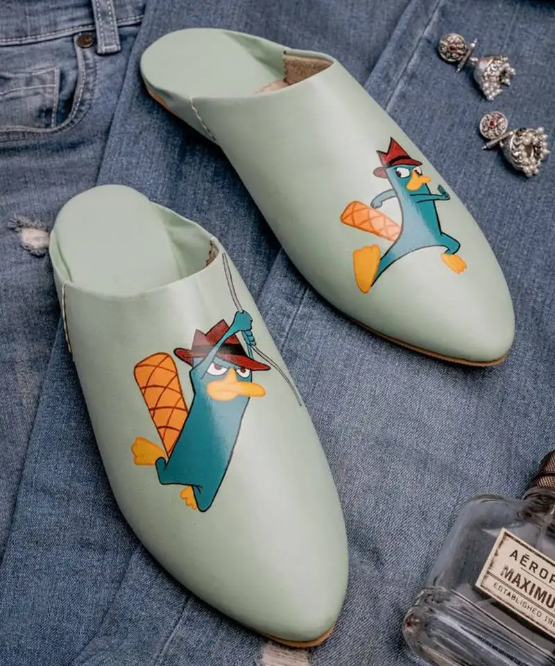 Sea green printed leather mules