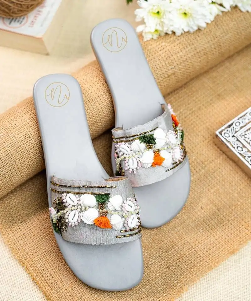 Grey embroidered leather flats