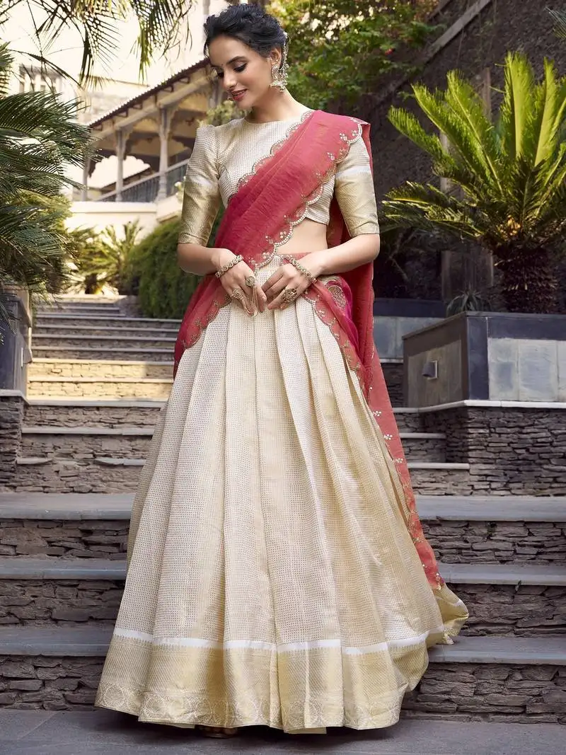 Off-white zari weaving jacquard lehenga choli