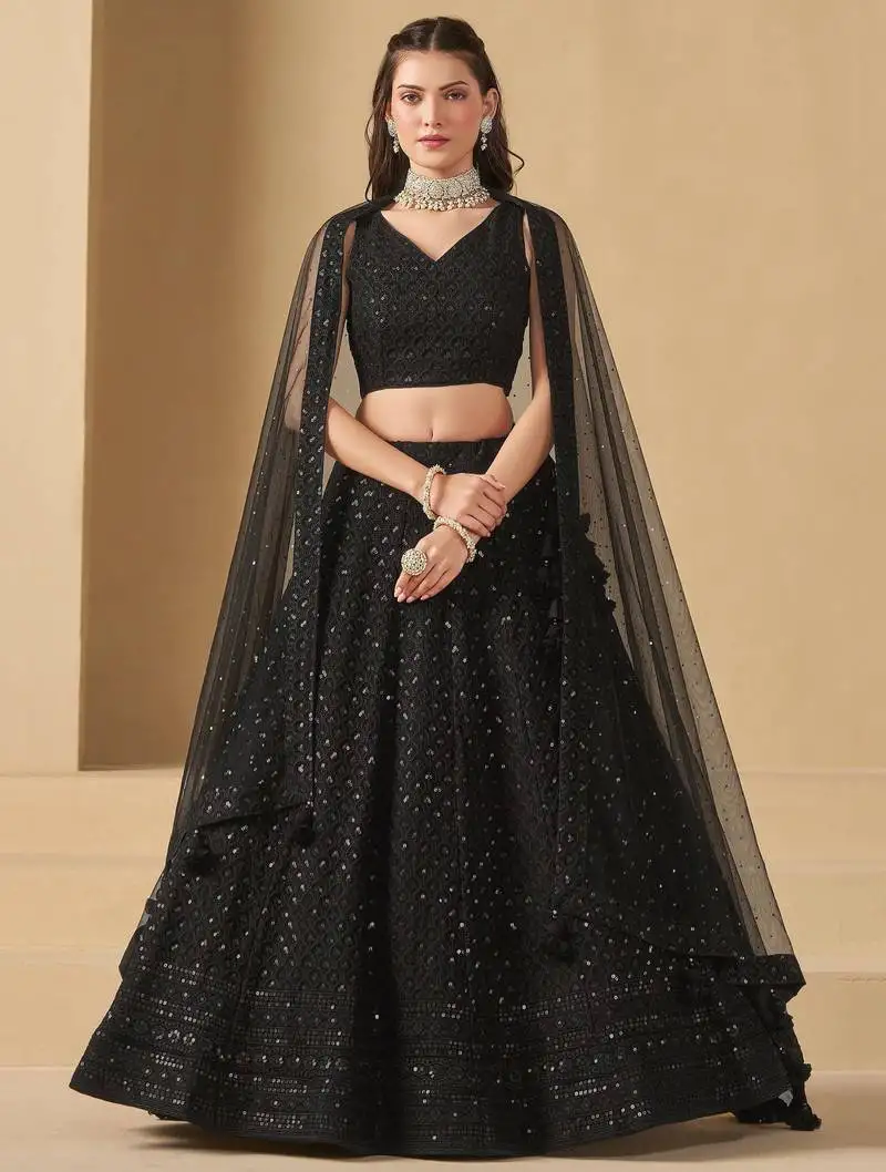 Black thread work georgette party wear lehenga choli