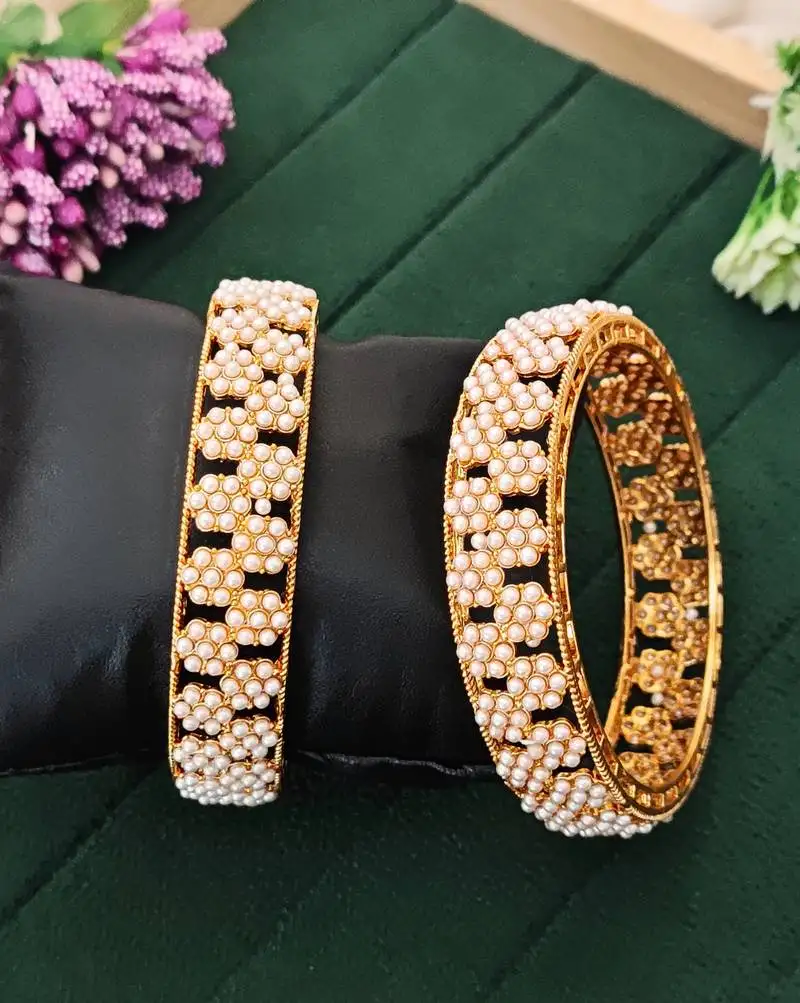 Elegant pearl studded bangles set, high gold polish bridal bangles, traditional ethnic jewelry for women 2 pcs set