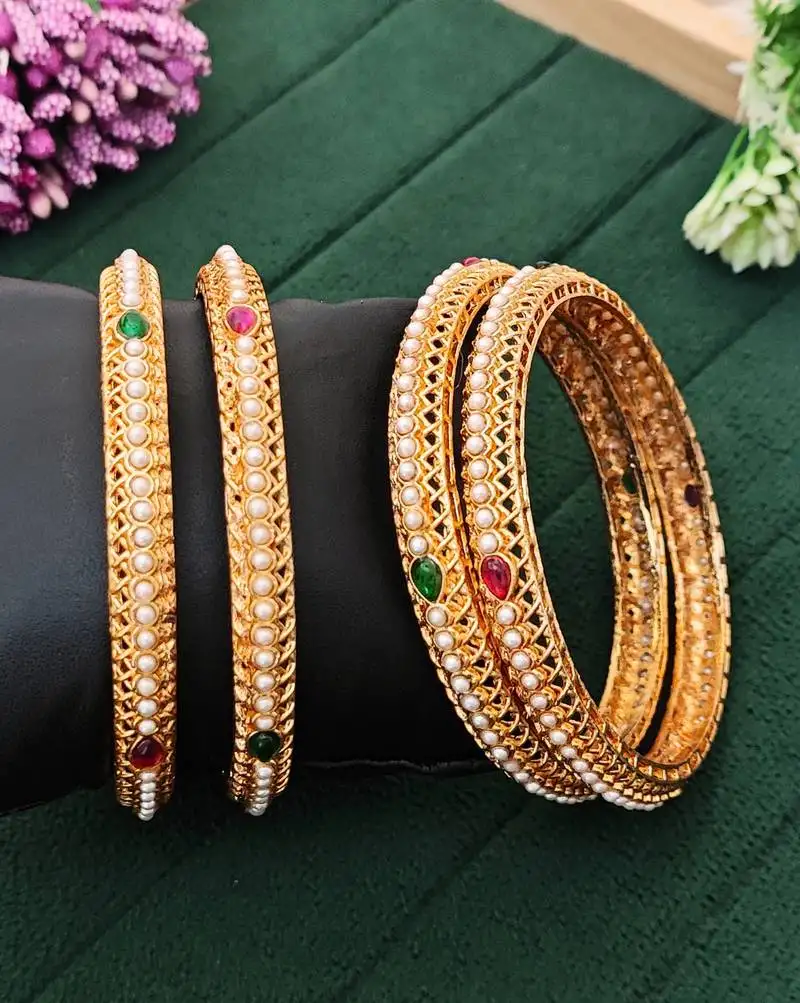 4 pc designer gold finish bangles set, pearl inlay with ruby & emerald stones