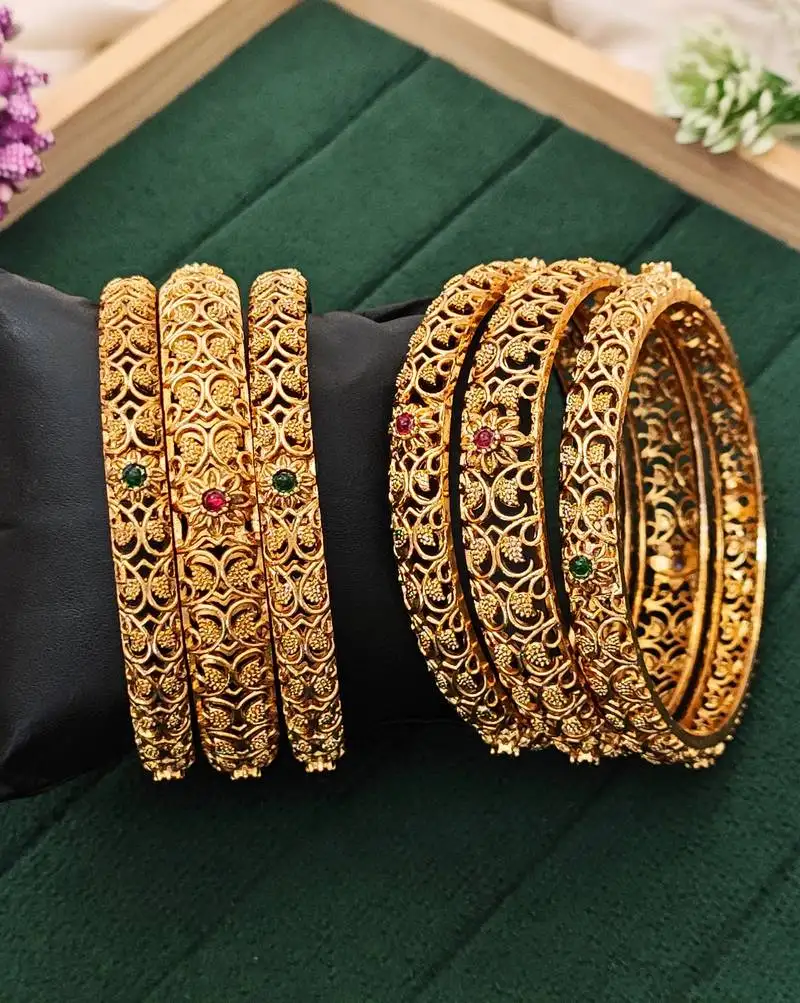 Royal antique finish bangles set, floral filigree design with ruby & emerald accents 6 pcs set