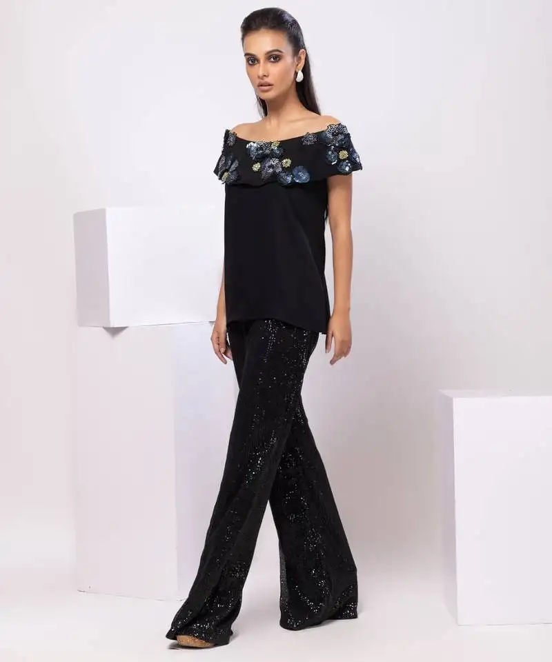 Black embroidered cotton co ord set