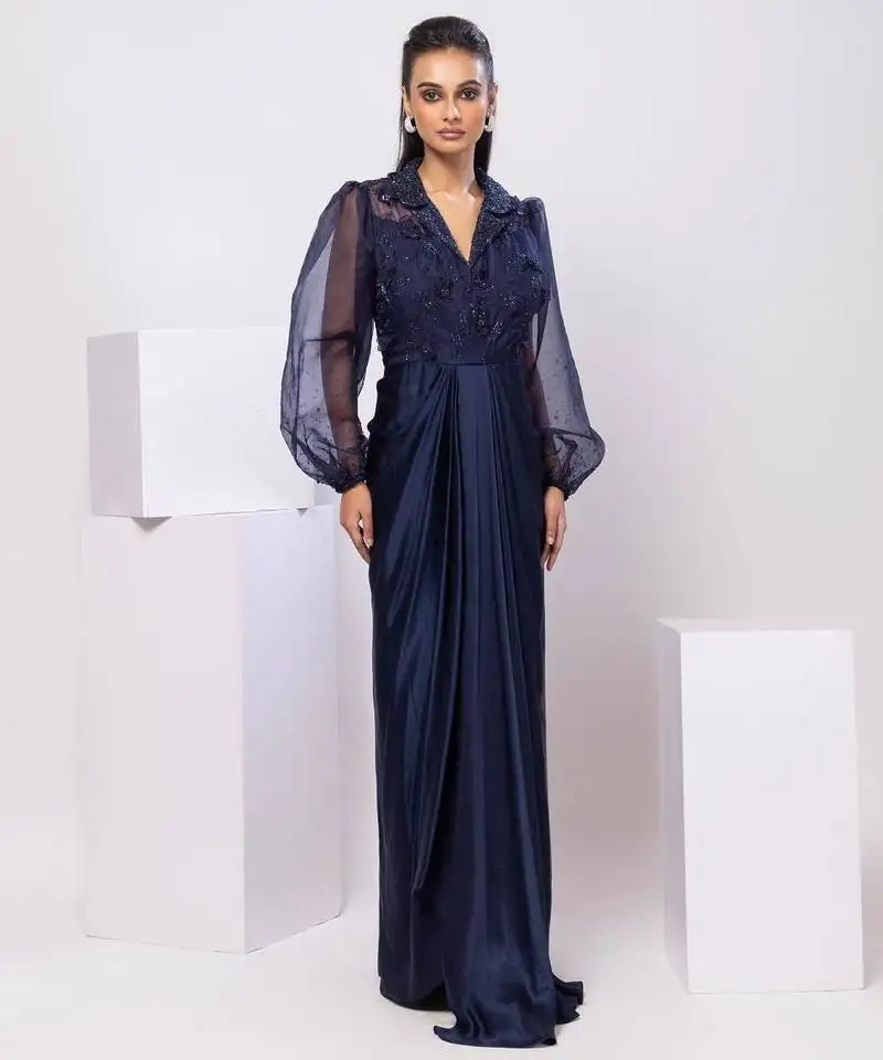 Blue embroidered satin dress