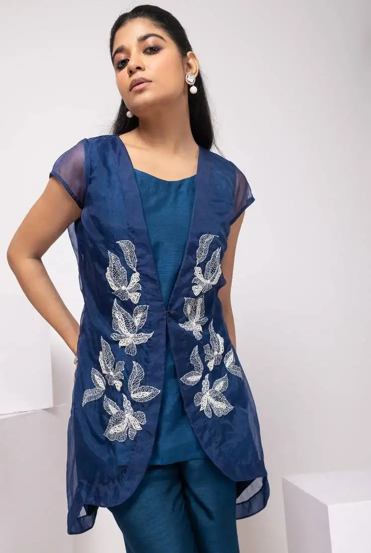 Blue embroidered silk co ord set