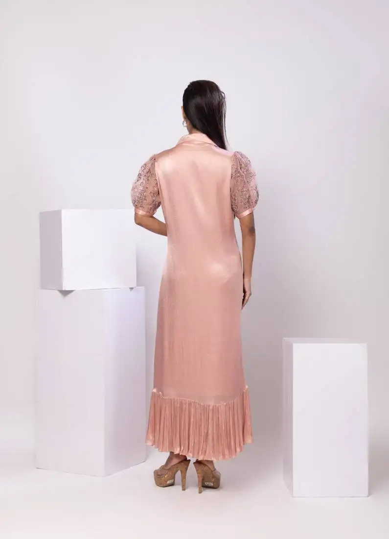 Peach embroidered satin dress