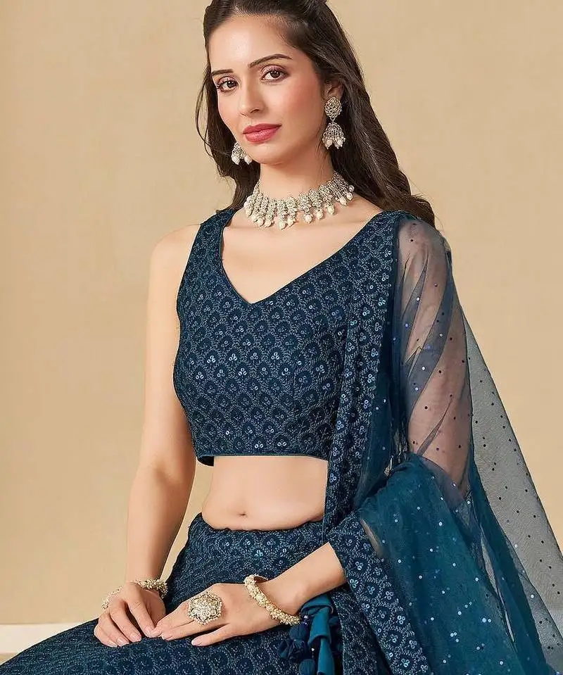 Teal blue thread work georgette lehenga choli