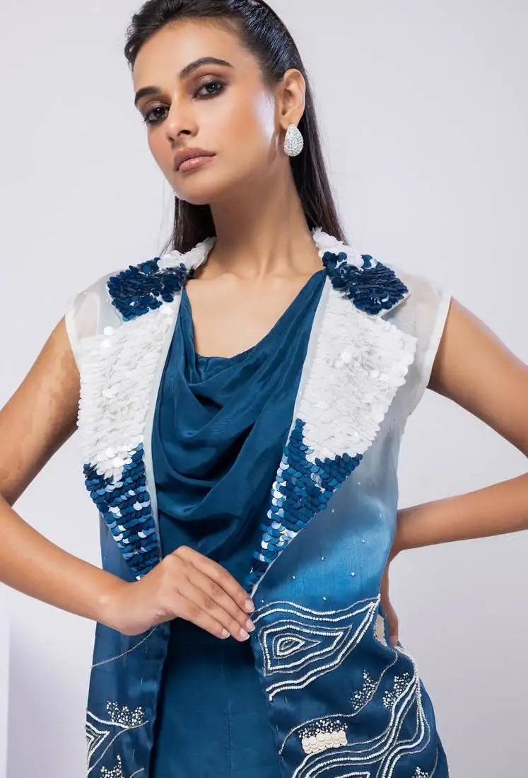 Blue embroidered satin jacket set