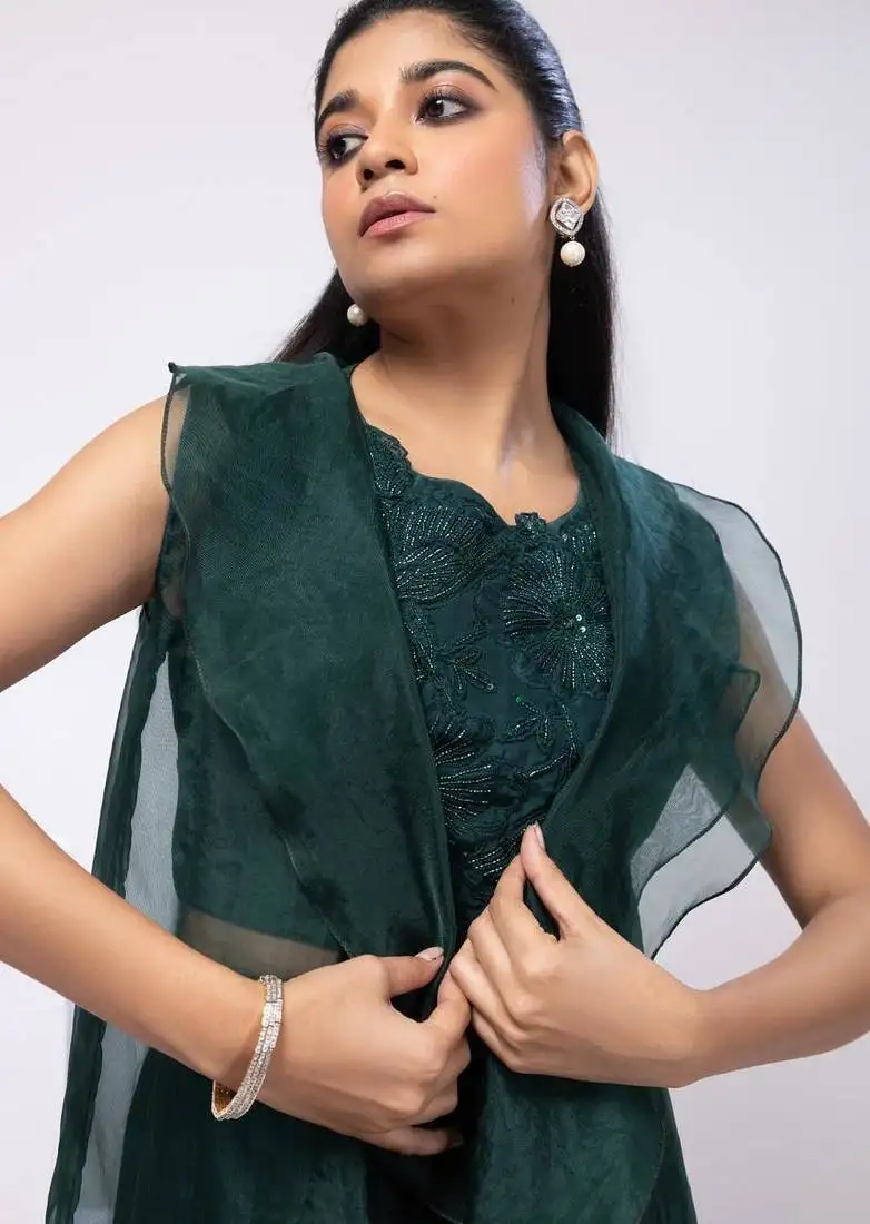 Green embroidered organza cape set