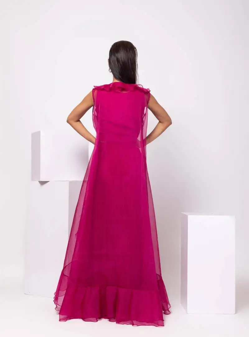 Magenta embroidered organza cape set