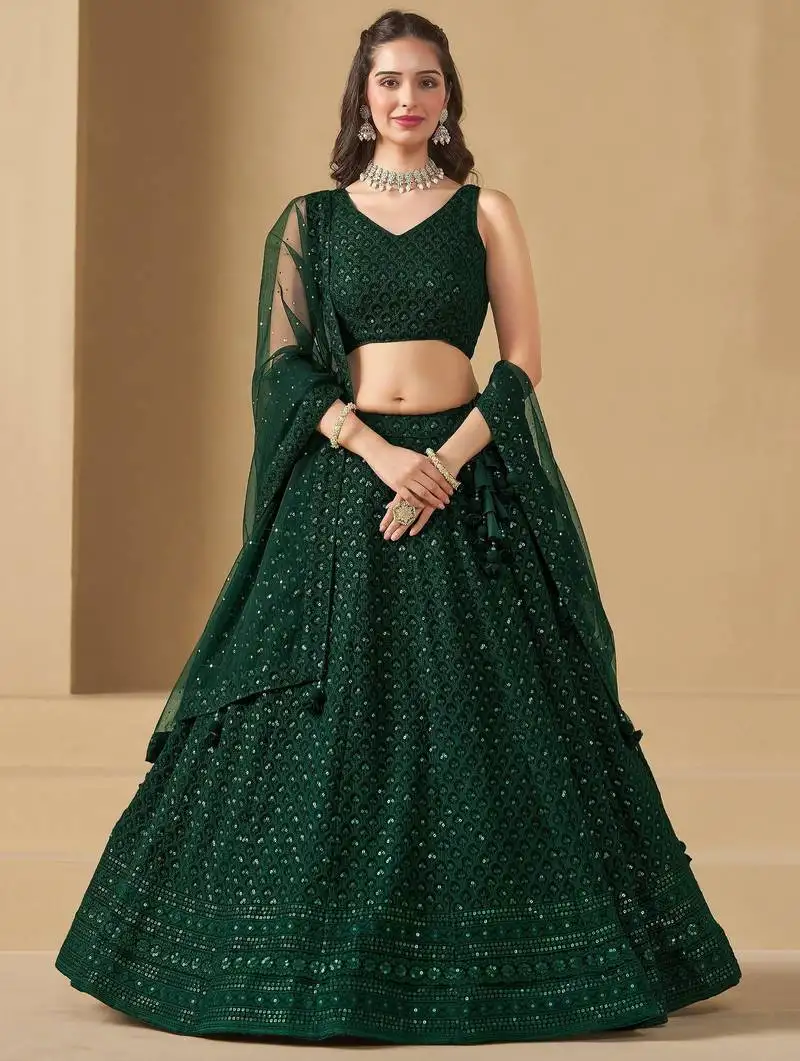 Bottle green sequins work georgette lehenga choli
