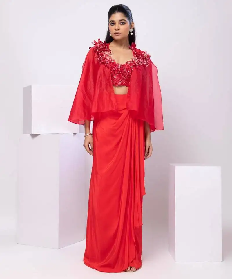 Red embroidered crepe cape set