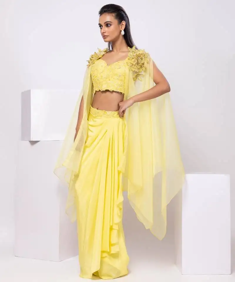 Yellow embroidered crepe cape set