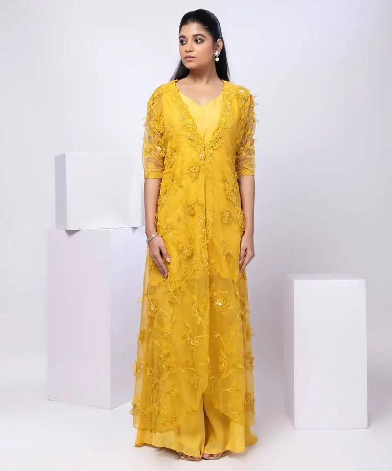 Yellow embroidered organza jacket set