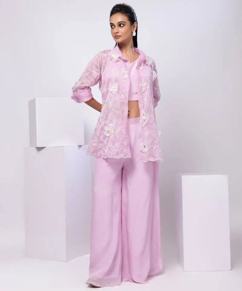 Lavender embroidered organza jacket set