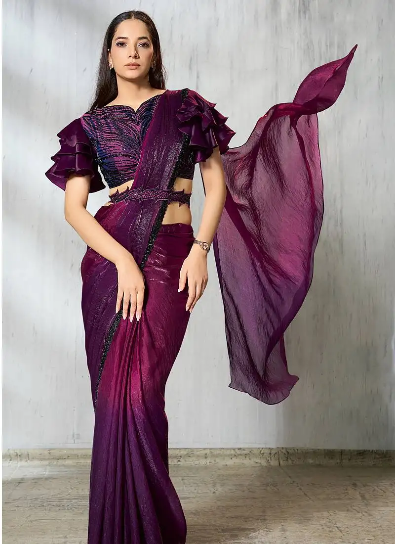 Shaded wine two tone satin silk beads embroidery work belt with ruffle sleeve designer ready to wear saree