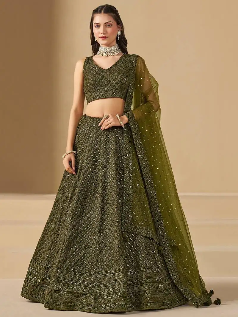 Mehendi green sequins georgette monochrome lehenga choli
