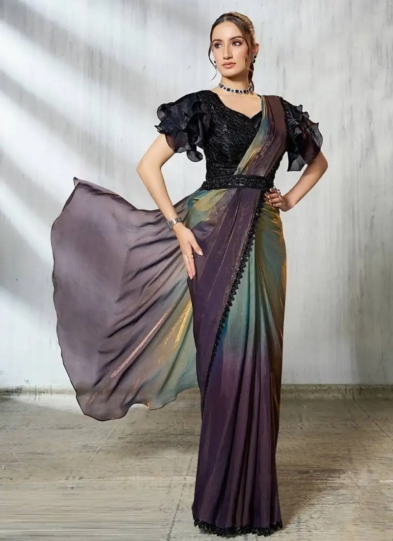 Shaded wine & gray two tone satin silk beads embroidery work belt with ruffle sleeve designer ready to wear saree