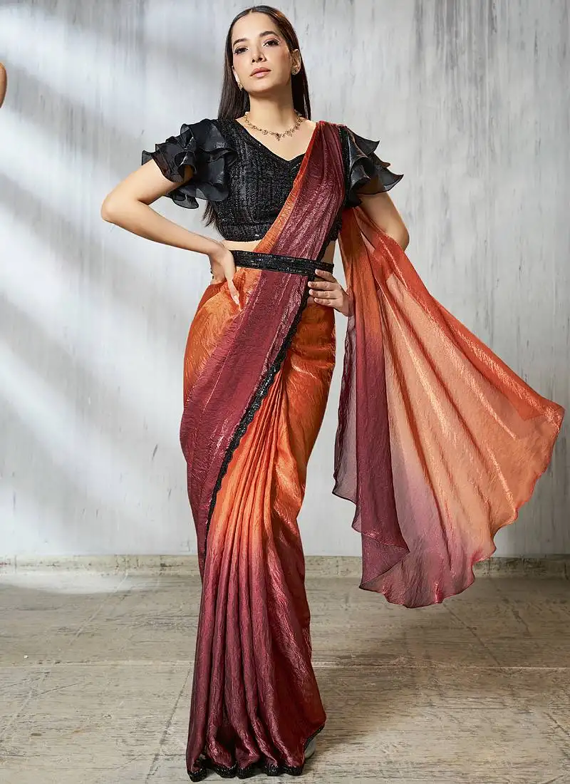 Shaded rust & orange two tone satin silk beads embroidery work belt with ruffle sleeve designer ready to wear saree