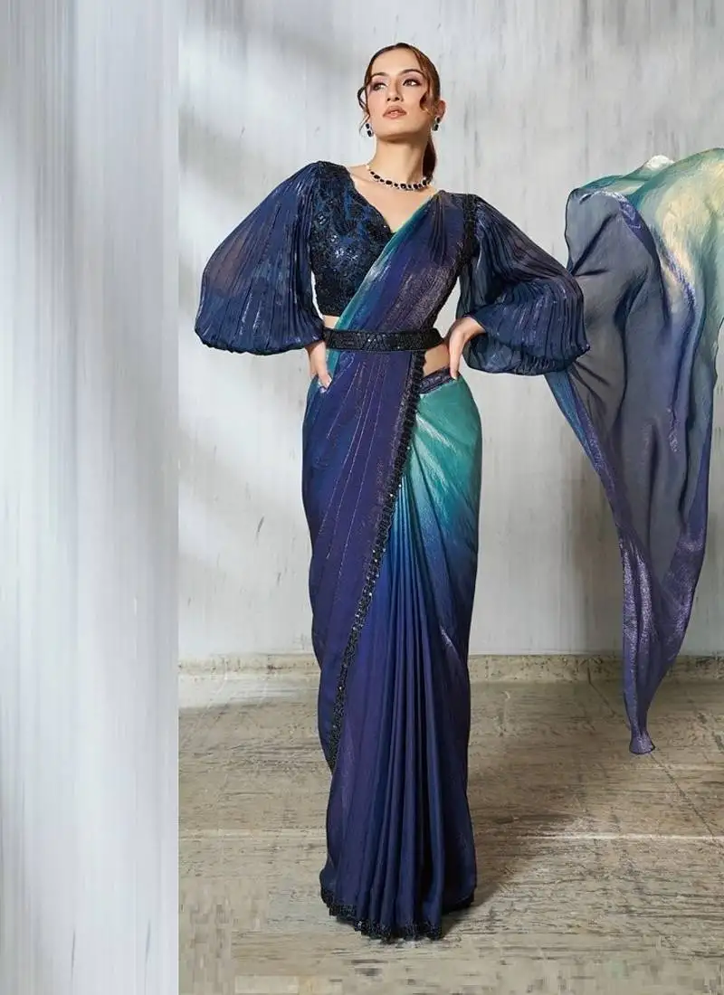 Shaded sky blue & blue two tone satin silk beads embroidery work belt with ruffle sleeve designer ready to wear saree