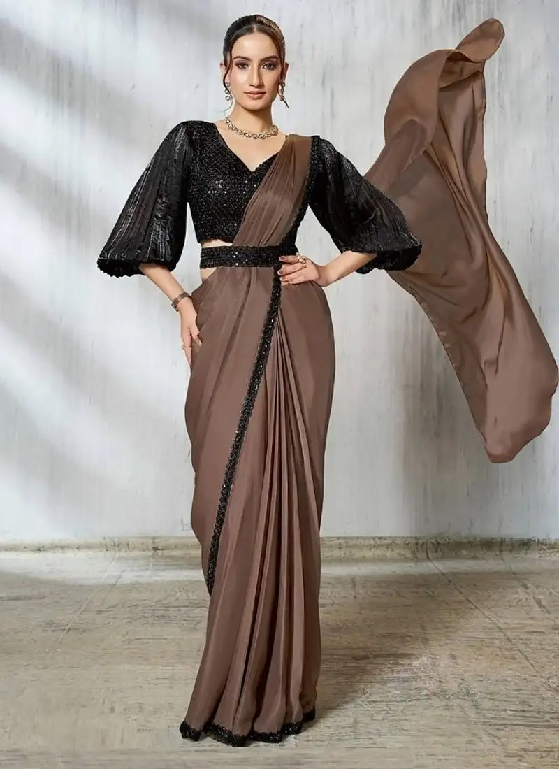 Brown two tone satin silk beads embroidery work belt with crushed sleeves designer ready to wear saree