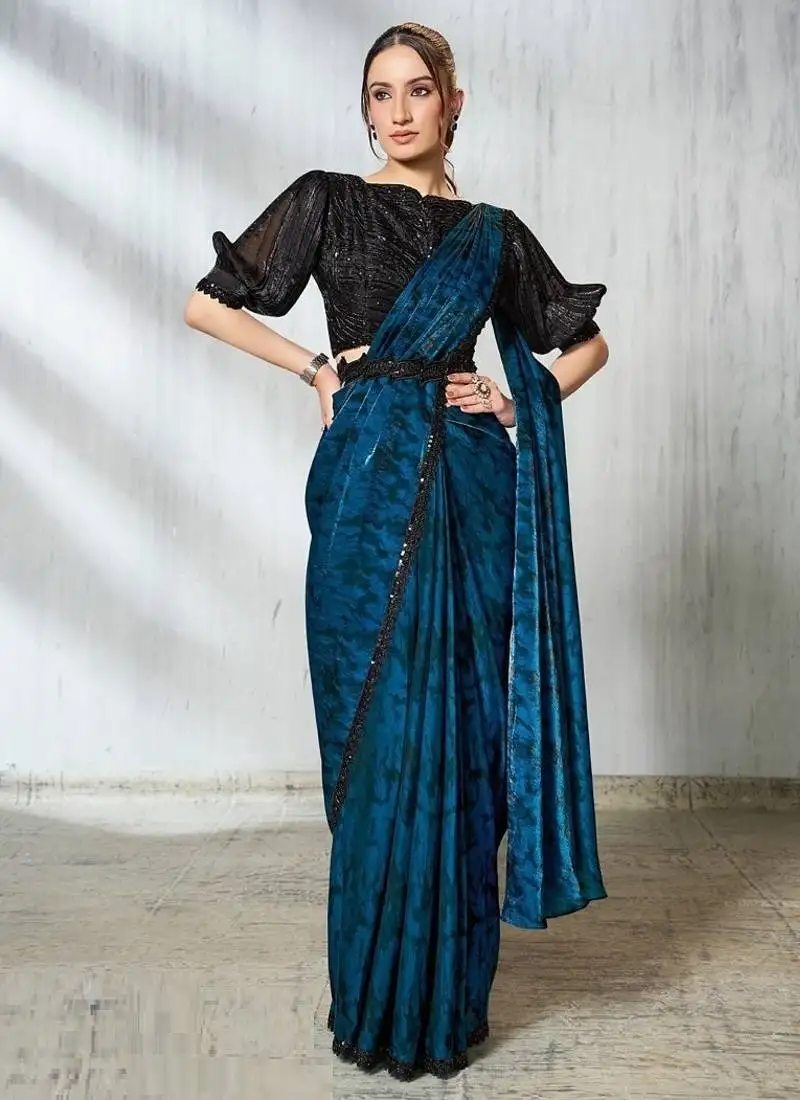 Blue & black two tone satin silk beads embroidery work belt with crushed sleeves designer ready to wear saree