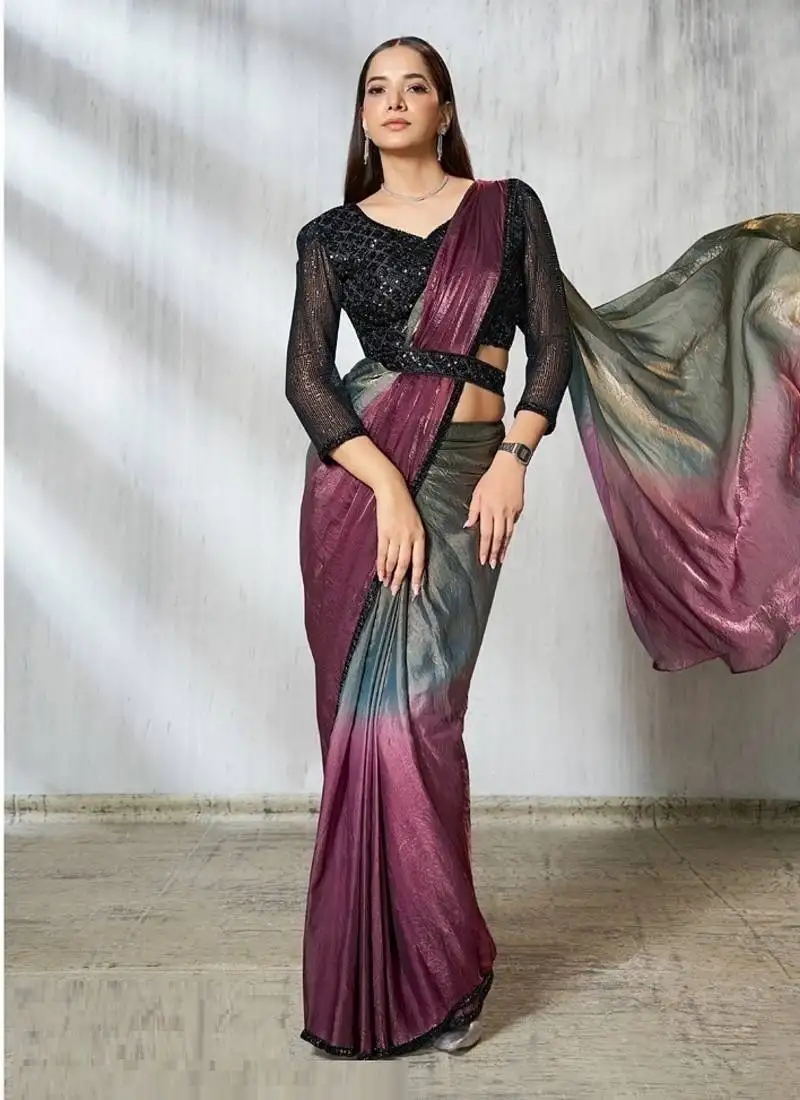 Shaded gray & wine two tone satin silk beads embroidery fancy sleeves designer ready to wear saree