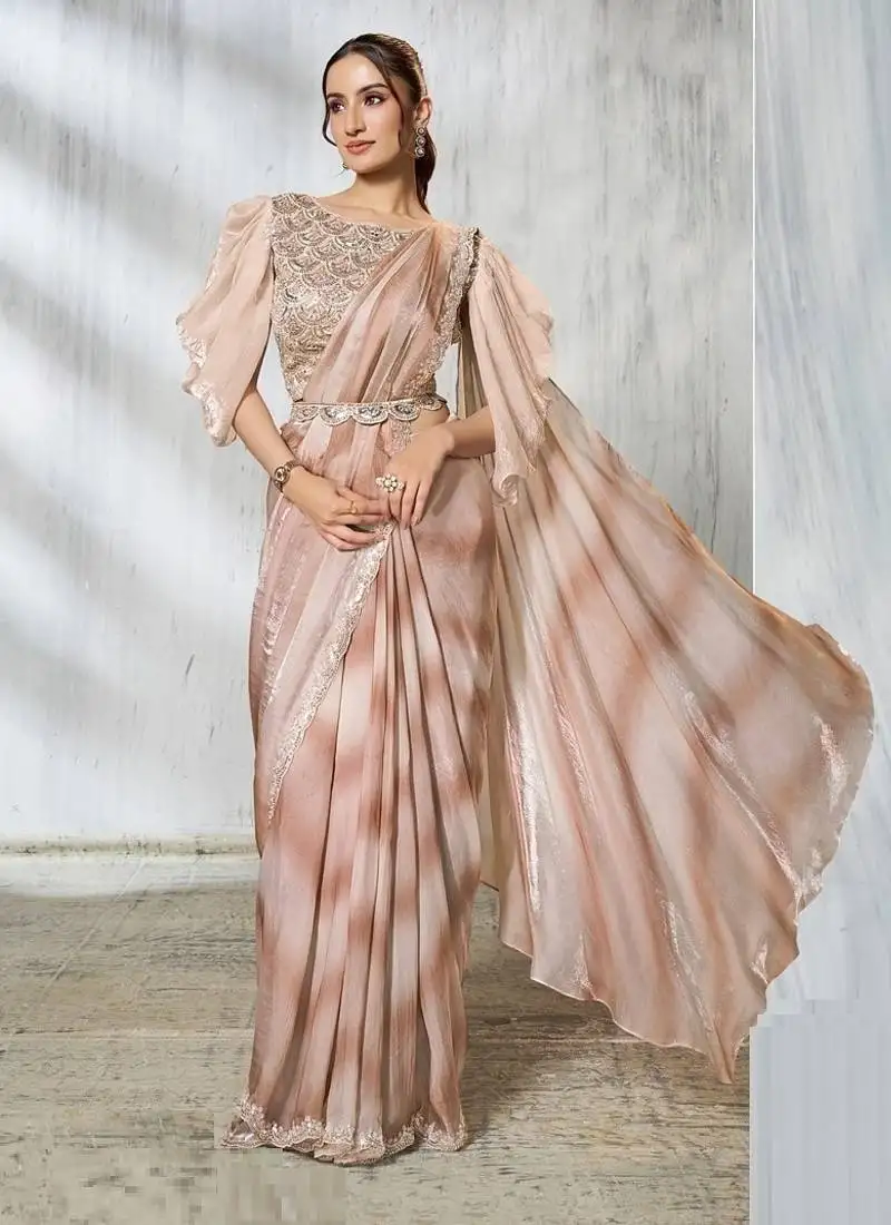 Shaded beige & brown two tone satin silk beads embroidery work belt with fancy sleeves designer ready to wear saree