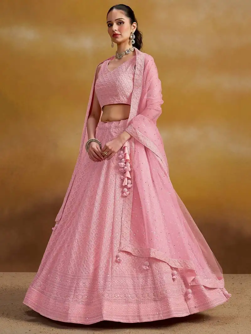 Pink thread work georgette bridesmaid lehenga choli with dupatta