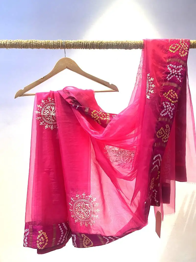 Organza pink saree with jajji silk border with blouse