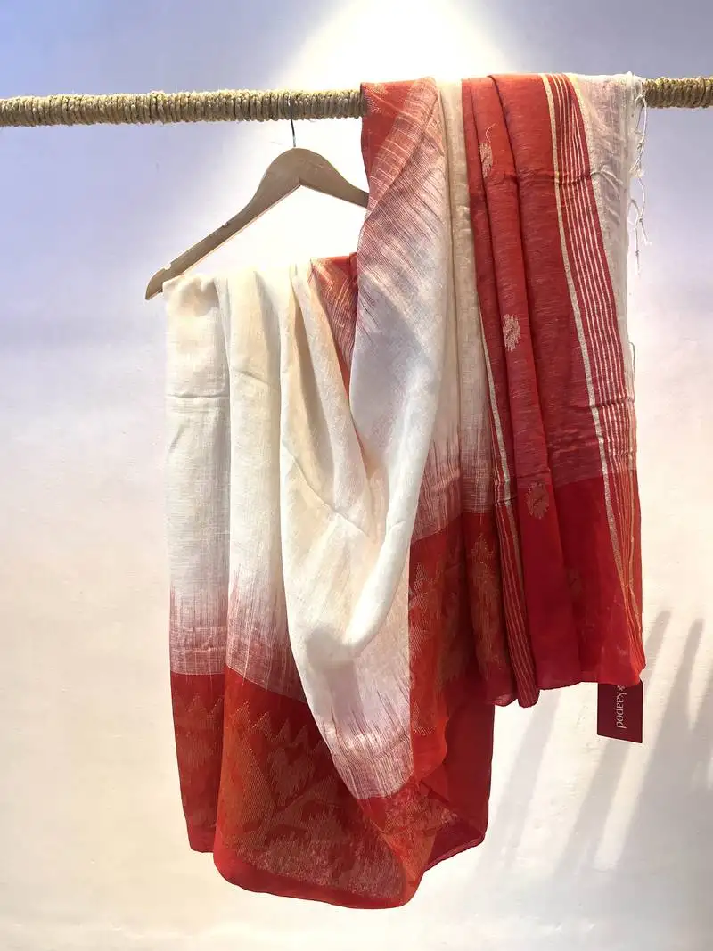 Linen red & white saree with blouse