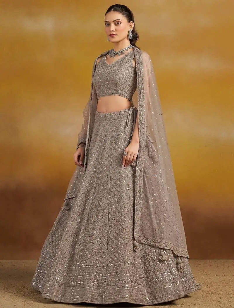 Grey sequins georgette lehenga choli with dupatta