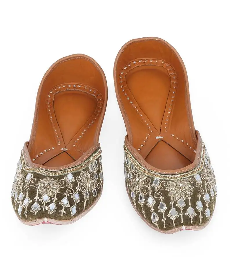 Green mirror embroidered leather juttis