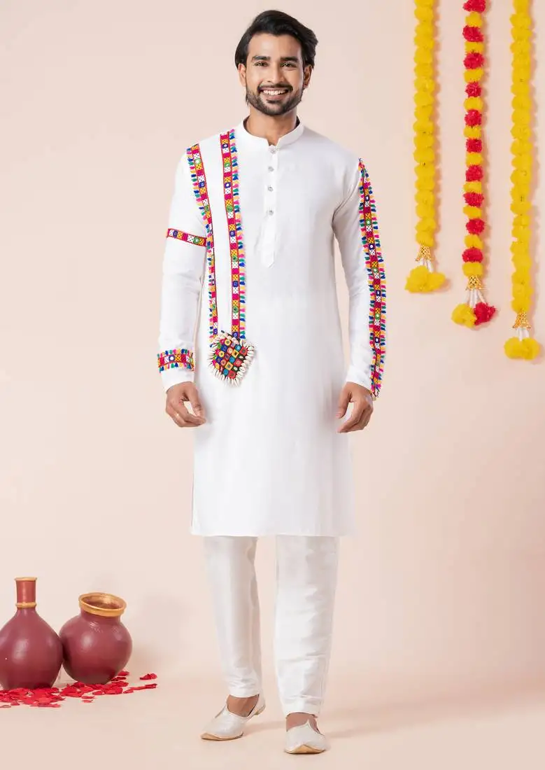 White pure rayon navratri special premium designer kurta pyjama