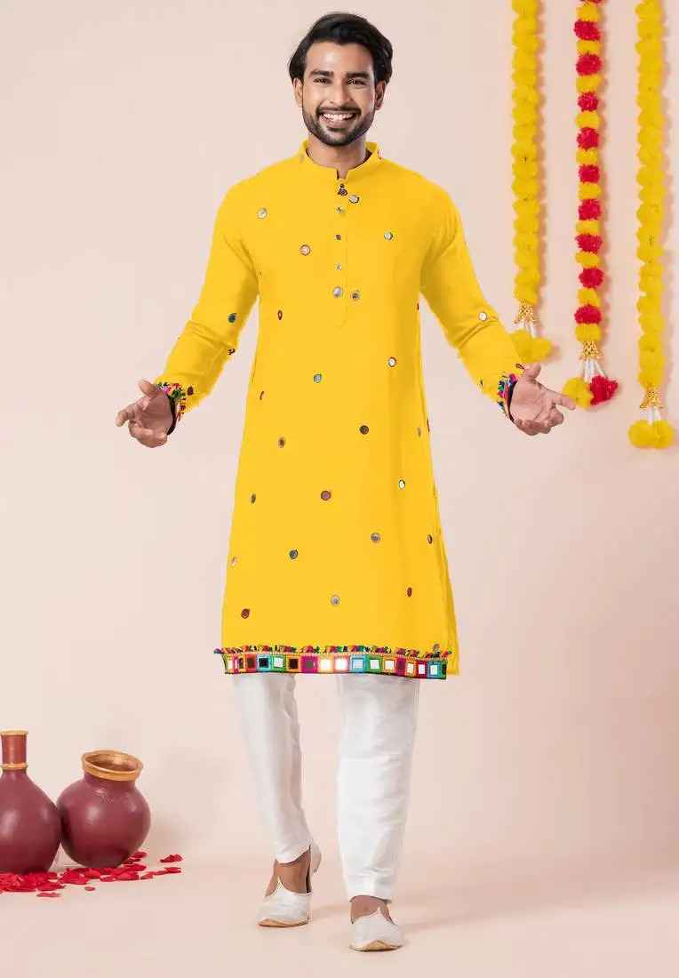 Yellow pure rayon navratri special premium designer kurta pyjama