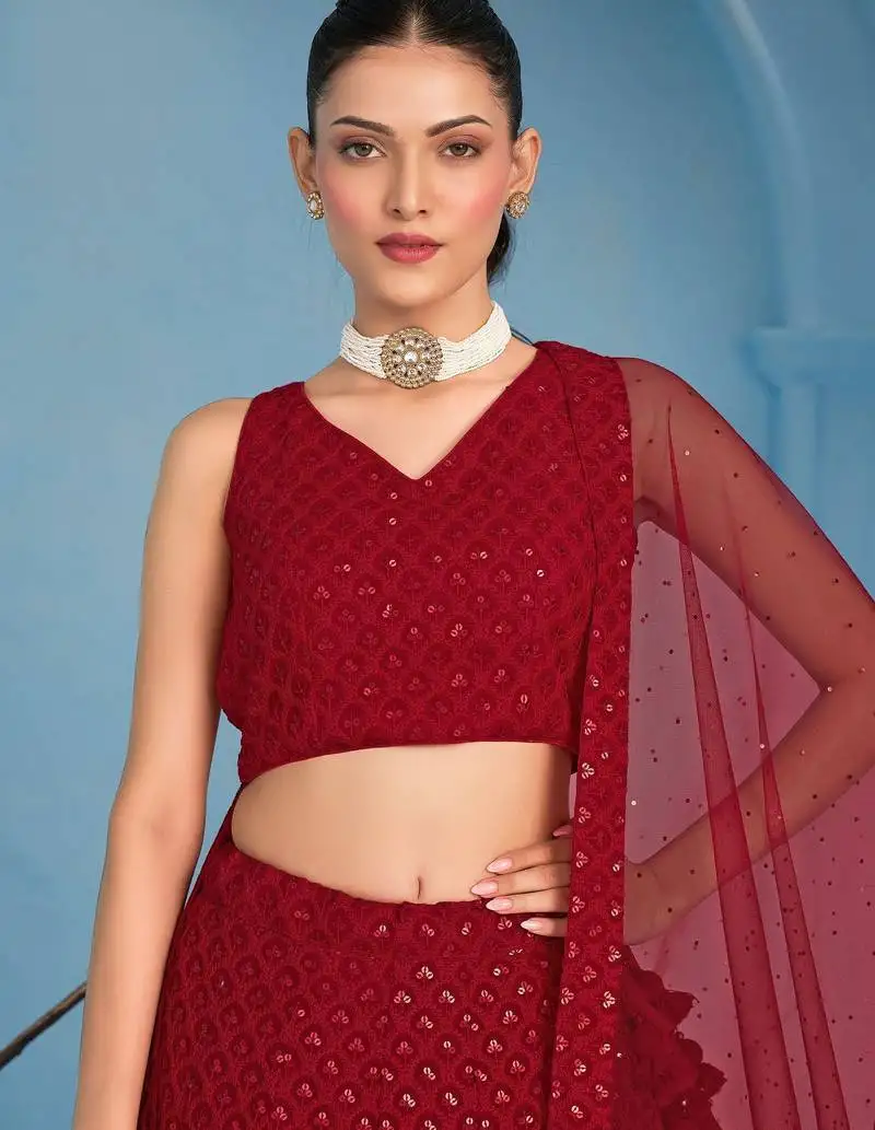 Red thread work georgettelehenga choli