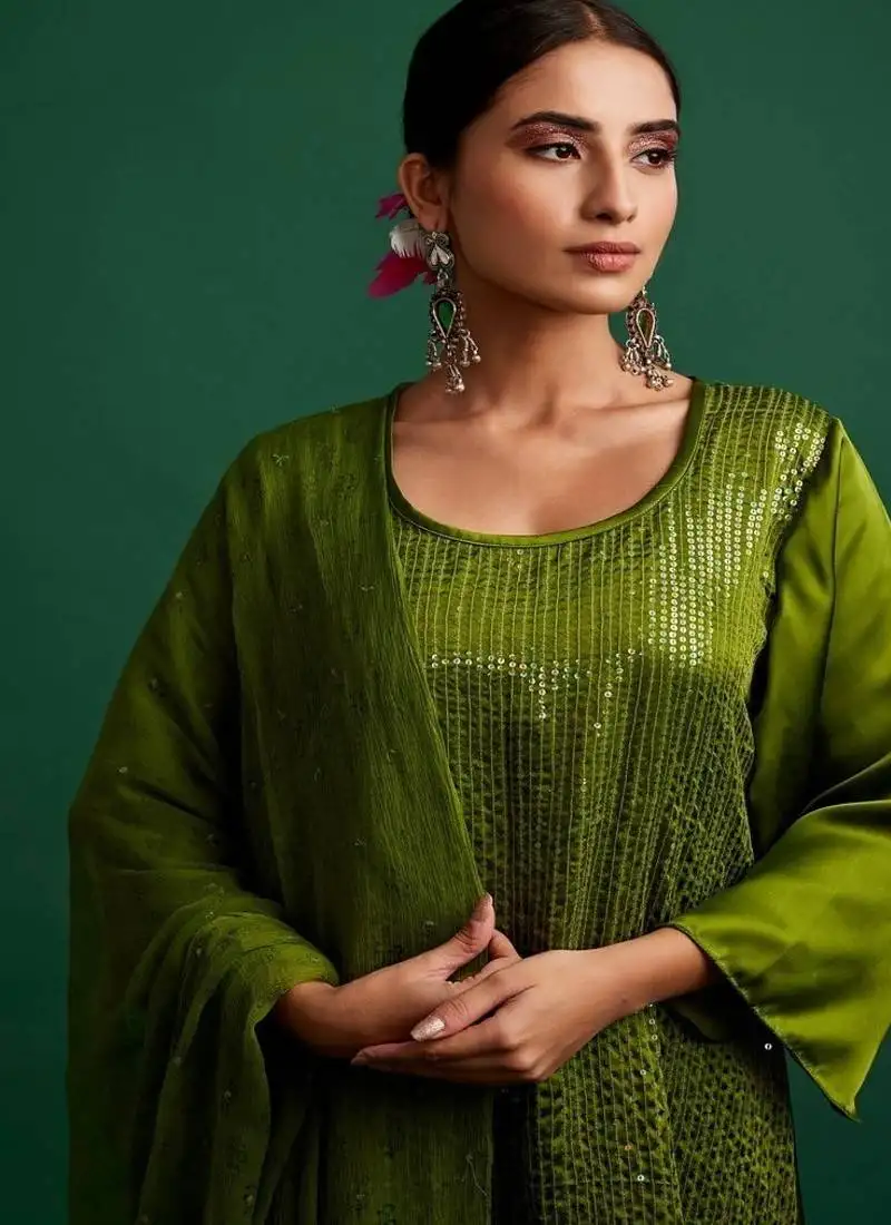 Olive embroidered satin kurta set