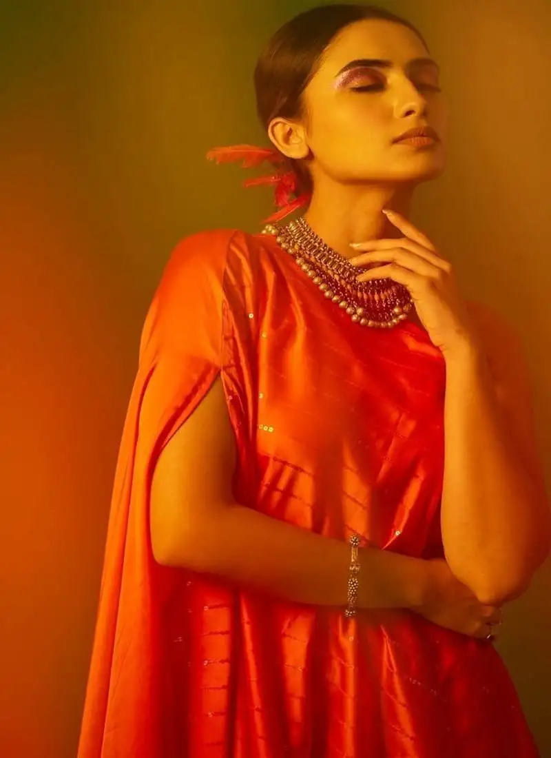 Orange embroidered satin dress