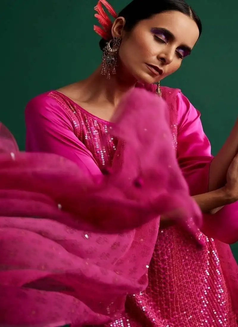 Rani pink embroidered satin kurta set