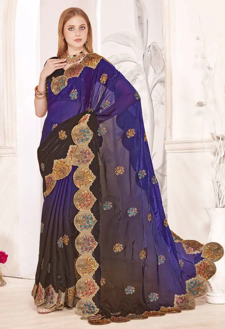 Purple and brown multi zari resham embroidered border work satin silk saree sari