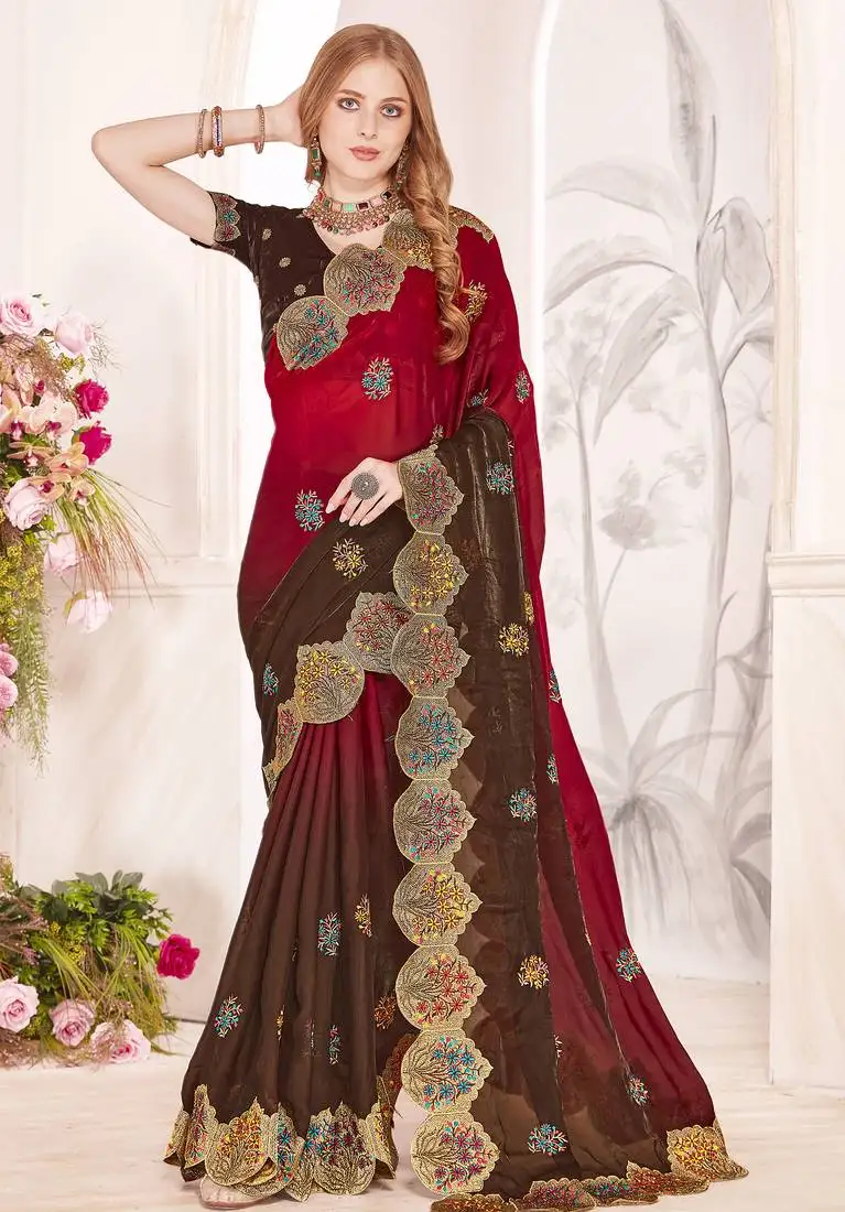 Brown and red multi zari resham embroidered border work satin silk saree sari